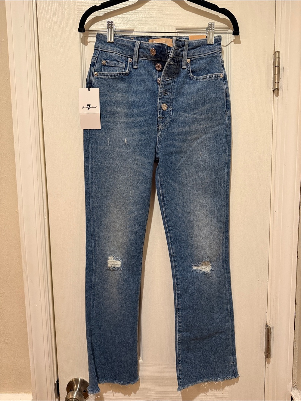 7 For All Mankind Medium Blue Distressed Straight-Leg Jeans